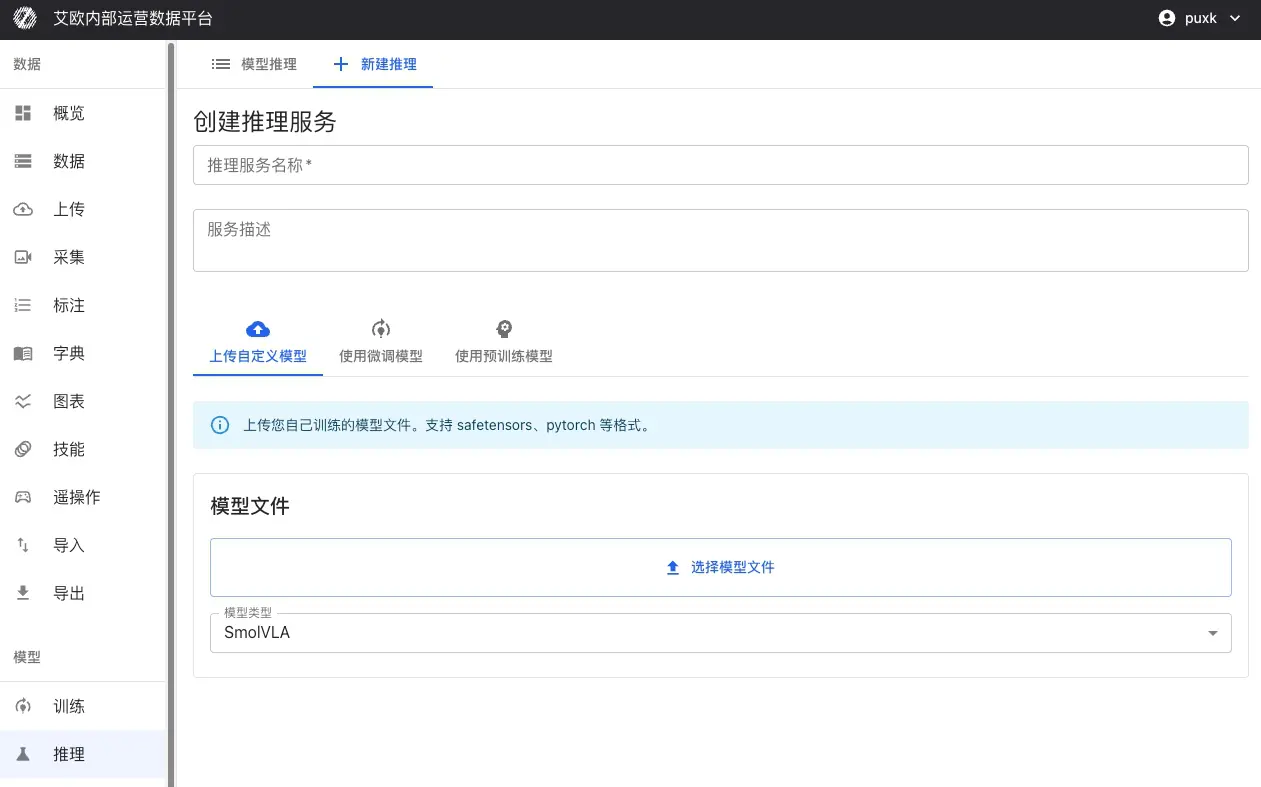新建推理服务页面提供多种模型部署选项