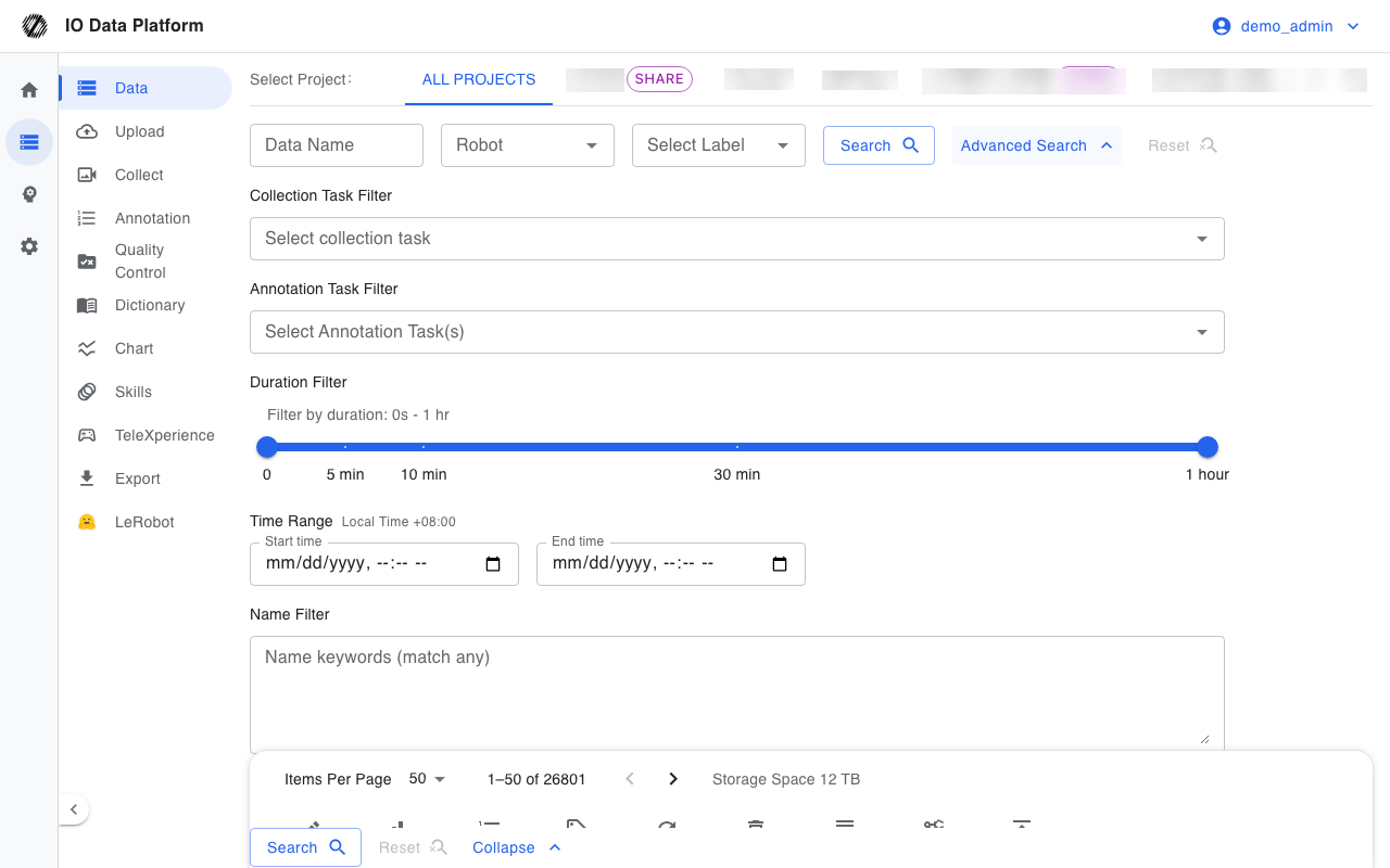 Advanced filter on the dataset list
