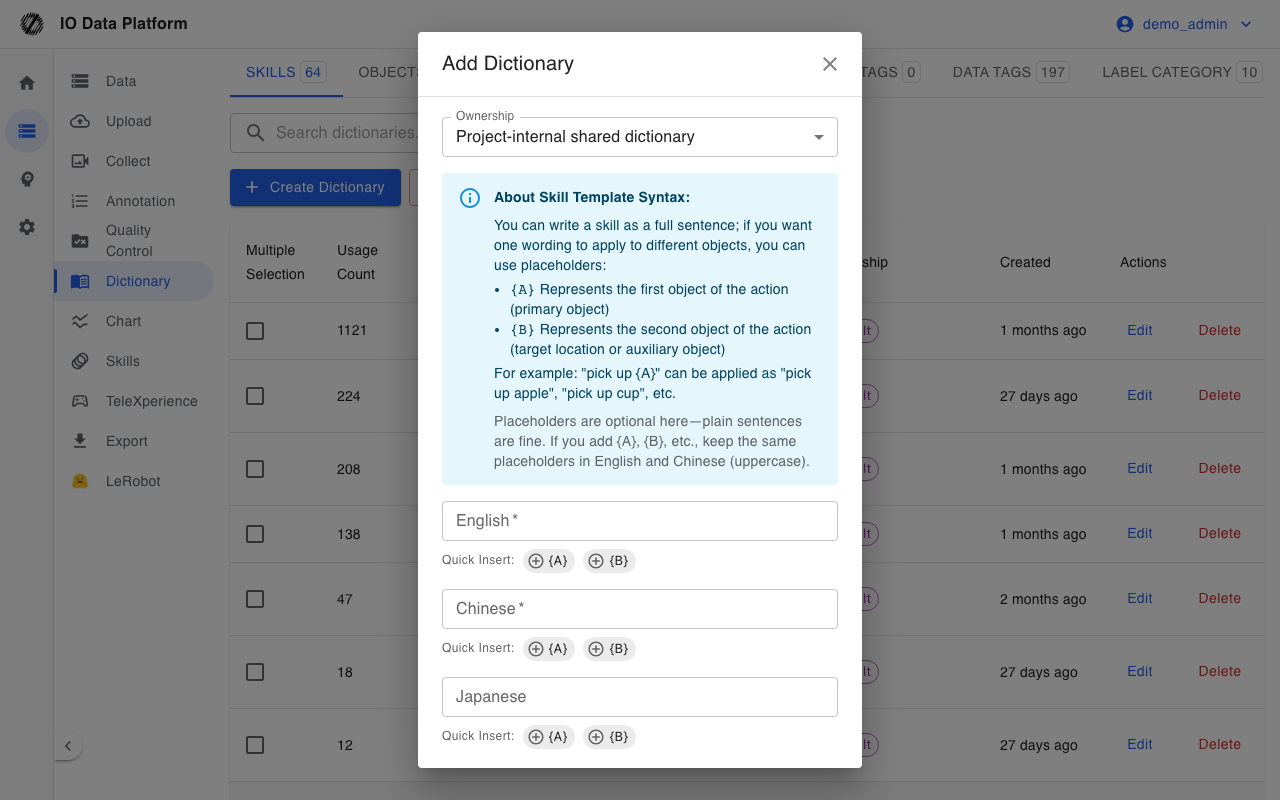 Create dictionary dialog (with the {A} and {B} skill template description)