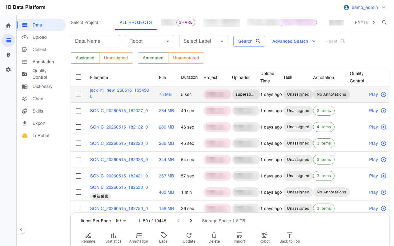 Dataset list: filter and select datasets to annotate