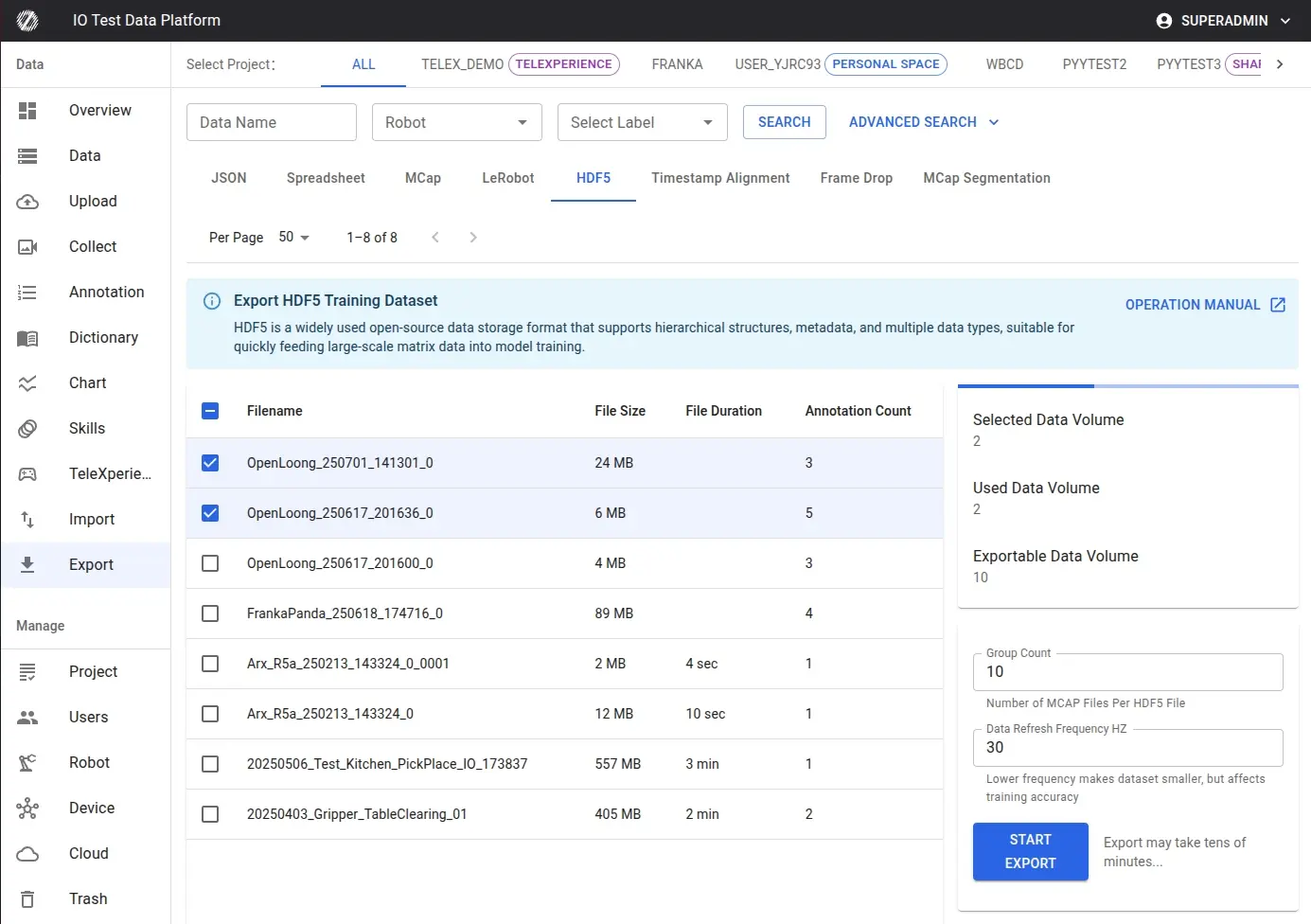 Select data to export
