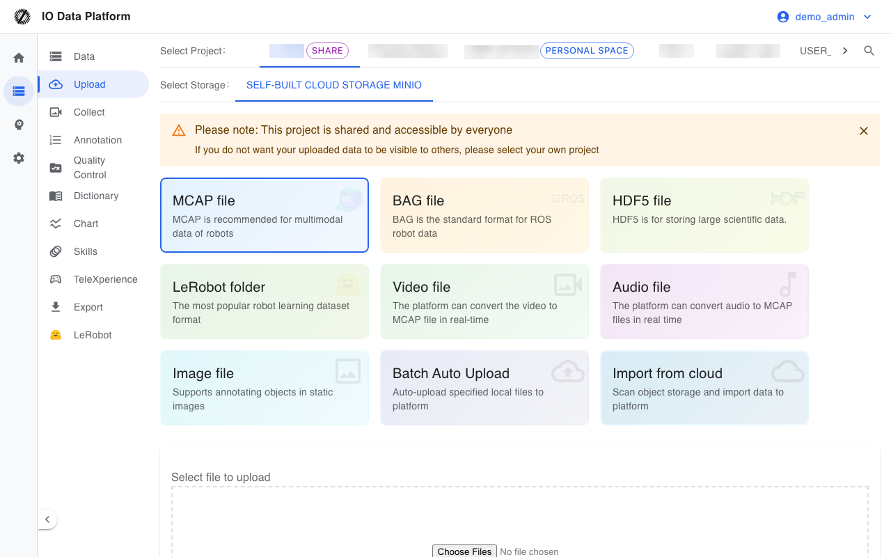 Format selection and project / storage selection on the upload page (administrator, test environment)