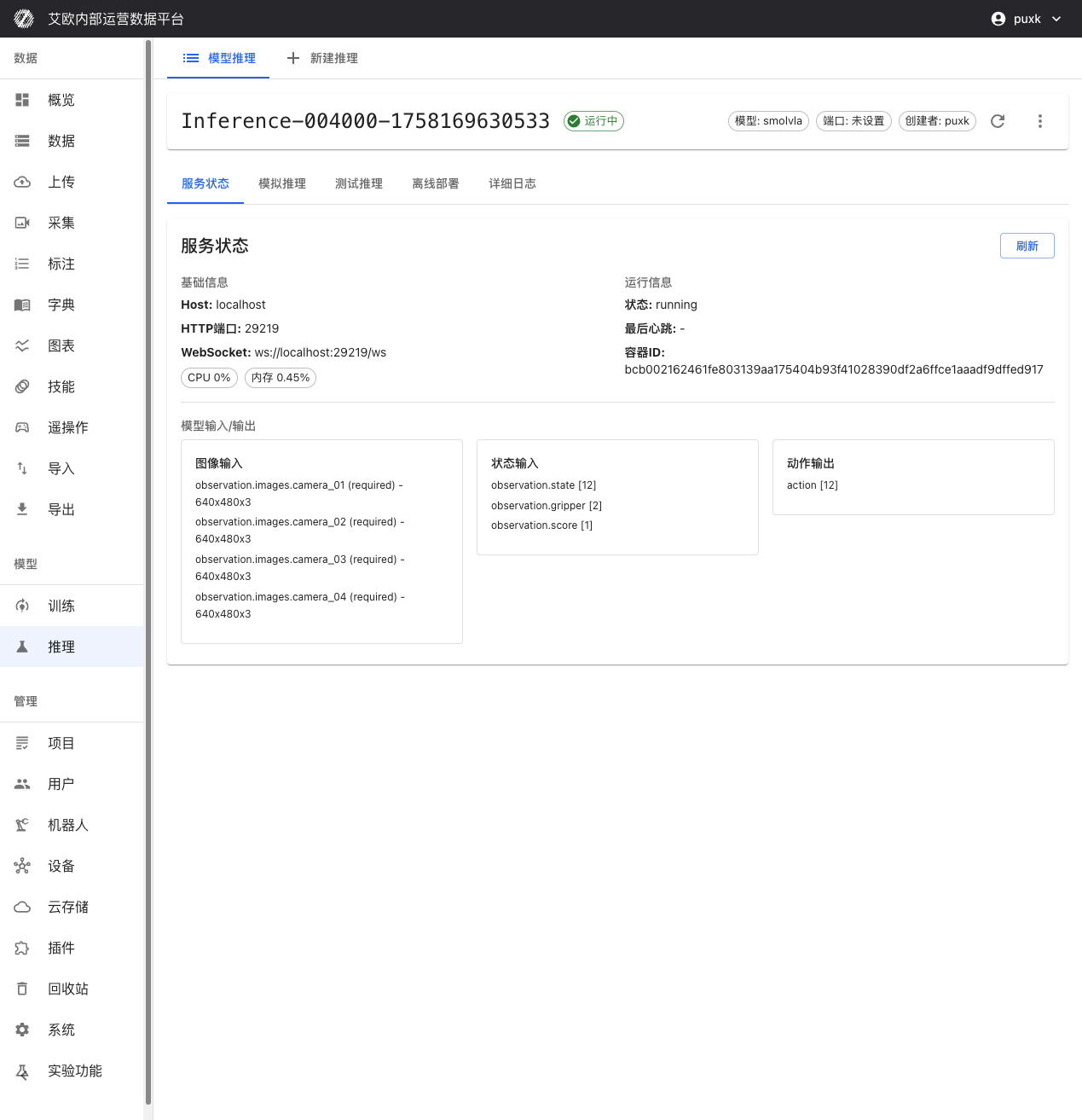推論サービス詳細ページはサービスステータスと設定情報を表示