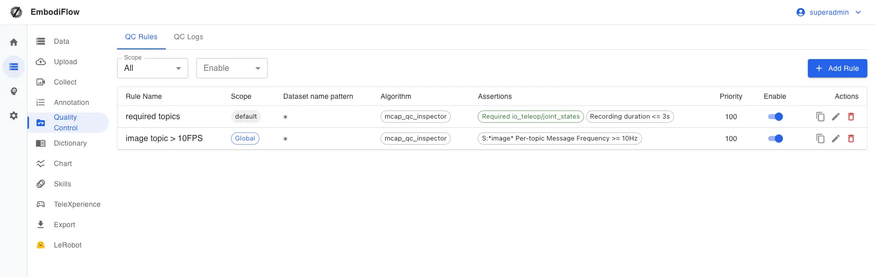 QC ルール一覧とスコープ絞り込み