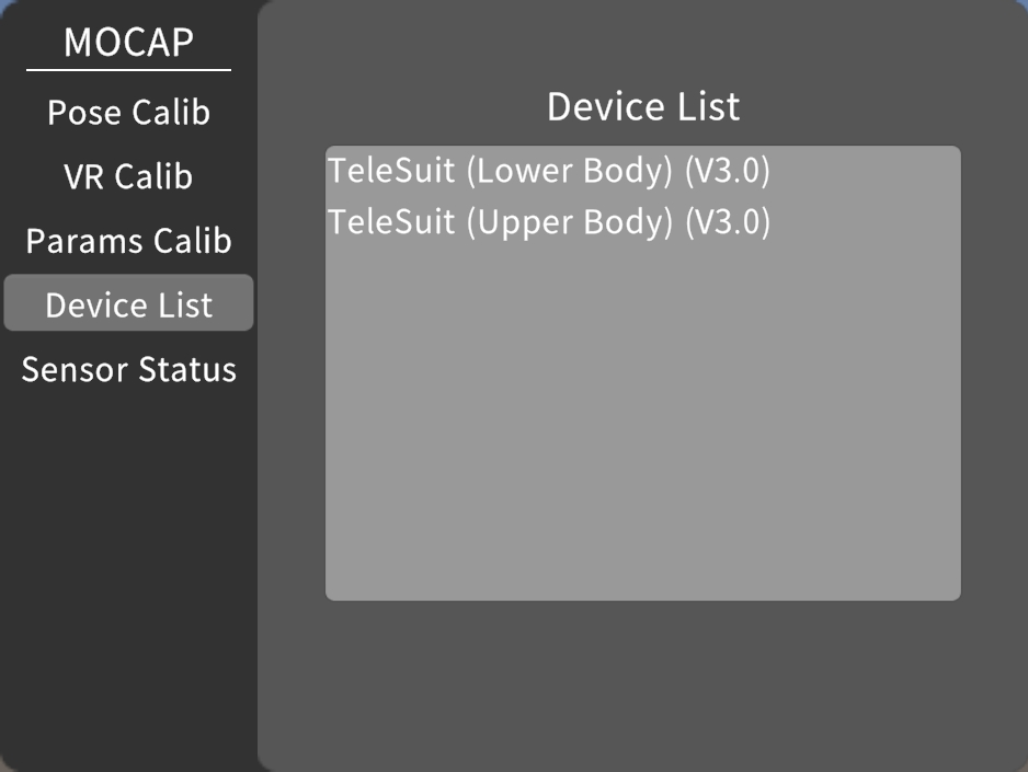 Mocap settings panel - device list