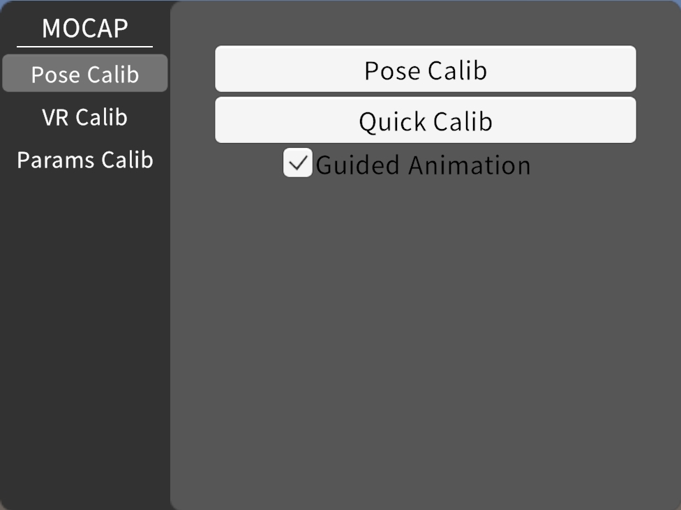 Mocap settings panel - pose calibration